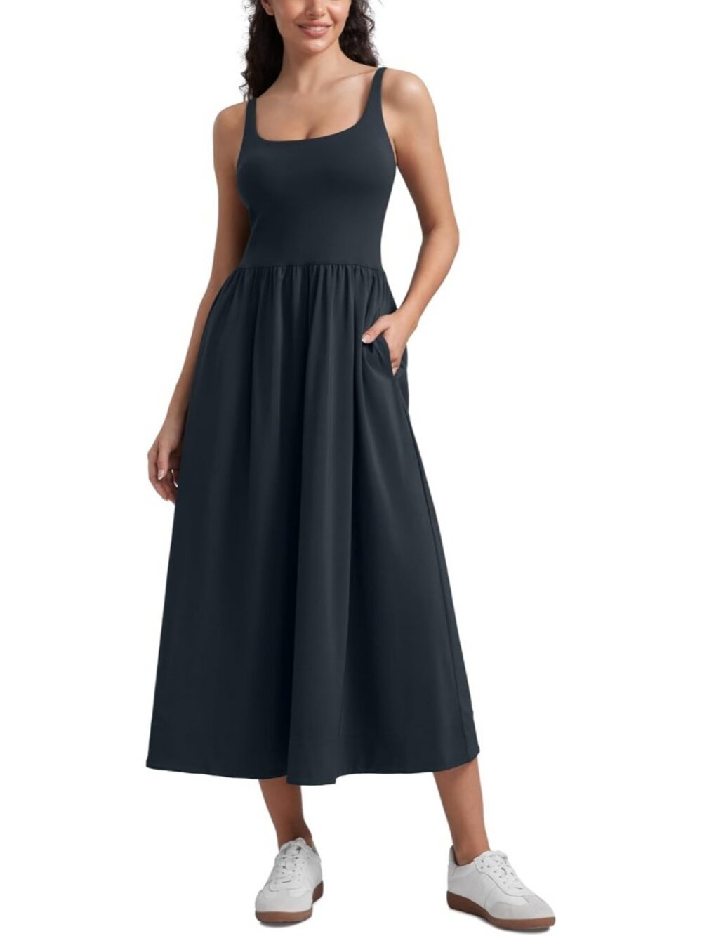 Women's Navy Sleeveless Square Neck Maxi Dress Flowy Travel Pockets Outfits
